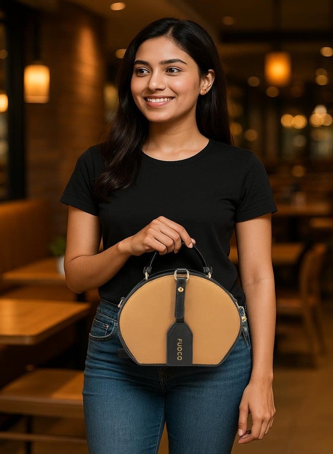 FUOCO Women’s Sling Bag | Stylish Crossbody Handbag for Women | Small Round Purse, Mini Shoulder Bag, Ladies Sling Bag for Women Latest, Casual Travel Bag, Moon Bag Trend (Black/Tan) - Image 5